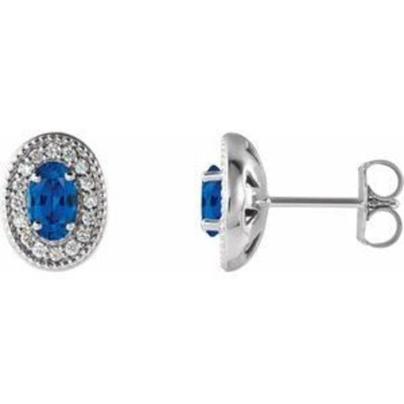 14K White 5x3 mm Blue Sapphire & 1/8 CTW Natural Diamond Halo-Style Earrings